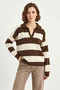 Women's Polo Collar Striped Knitwear Brown Cream Sweater - 5