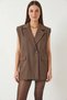 Women's Pocket Detailed Belted Padded Oversize Lined Blazer Brown Vest - 7