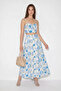 Women's Floral Patterned Crop Blouse Button Detailed Midi Ecru Blue Skirt Set - 4