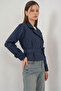 Women's Classic Collar Belted Double Button Navy Blue Trench Coat - 2