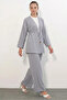 Women's Kimono Collar Drawstring Waist Gray Set - 3