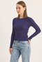 Women's Crew Neck Ribbed Body-Hugging Sequin Detailed Gilded Knitwear Cobalt Blue Blouse - 2