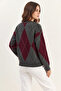 Women's Buttoned Diamond Patterned Basic Knitwear Anthracite Claret Red Sweater - 6