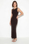 Women's Stone Embellished Crew Neck Thick Strap Ribbed Wrap Maxi Bitter Coffee Dress - 2