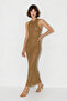 Women's Openwork Knitted Crew Neck Fitted Maxi Beach Dress Khaki - 3