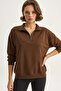 Women's Stand Collar Half Zipper Pocket Detailed Oversize Modal Bitter Brown Sweatshirt - 5