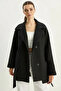 Women's Double-Breasted Collar Pocket Detailed Belted Lined Cashmere Black Coat - 4