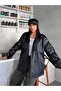 New Season Belted Oversize Double-Breasted Leather Buttoned Black Trench Coat - 2