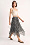 Women's Patterned Asymmetrical Cut Lined Chiffon Midi Petrol Green Skirt - 4