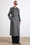 Cape Detailed Double-Breasted Plaid Long Coat Black 3169 - 3