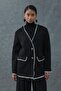 Black Striped Lined Garnished Suede Jacket - 4