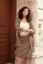 Women's Jacquard Stretch Fabric Shawl Collar Capri Sleeve Stitched Blazer Jacket-Beige Orange - 7