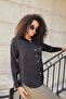 Women's Patterned Premium Satin Fabric Collared Off-Shoulder Long Sleeve Shirt-Black