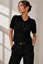 Women's Black Short Sleeve Polo Collar Buttoned Openwork Knitwear Blouse 23070