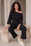 Women's Black Modal Interlock Fabric Sweatpants with Stitching Detail and Pockets, Elastic Waist, Crop Sweat Top and Bottom Set