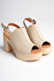 Women's Genuine Leather Platform Heeled Buckle Sandals - Beige - 4