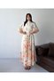Women's Salmon Pera Linen Mandarin Collar Guipure Detailed Belted Maxi Dress Jen2679
