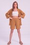 Women's Wrinkled Fabric Comfortable Fit Two-Piece Kimono Set with Shorts Beige - 2