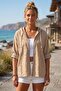 Beige Hooded Raglan Sleeve Zippered Pocketed Belted Embroidered Casual Cotton Woven Jacket 66 60