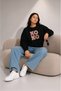 Women's Xoox Pink Graphic Printed Comfortable Fit Crew Neck Black Sweatshirt