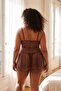 Kahverengi Çiçekli Kapsız Transparan Fantezi Külotlu Büyük Beden Babydoll TBBSS26DH00011 - 3