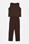 Brown Crew Neck Sleeveless Pants Comfortable Fit Top and Bottom Set Tdrss26Au00052 - 4
