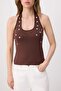 Brown Plain Fitted/Body-Fitting Button Detailed Halter Neck Knitted Athlete Top Twoss26Al00104 - 3