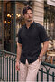 Judge Collar Muslin Fabric Short Sleeve Shirt - Black