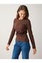 Brown Slim Fit Crew Neck Knitted Blouse with Gathered Waist - 3