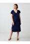Navy Blue Relaxed Cut V-Neck Short Sleeve Knitted Midi Dress