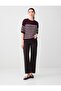 Burgundy Crew Neck Elbow Sleeve Striped Knitwear Blouse - 2