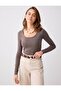 Coffee Melange U-Neck Long Sleeve Straight Cut Knitted Blouse