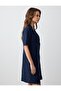 Navy Blue 100% Linen Short Sleeve Button Detailed Jacket Collar Mini Dress - 4