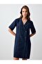 Navy Blue 100% Linen Short Sleeve Button Detailed Jacket Collar Mini Dress