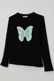 Girls' Long Sleeve T-Shirt with Sequin Embroidery and Butterfly Appliqué, Ages 9-14, Black - 7