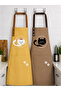 Kitchen Apron Set of 2 Mustard Brown Stain-Resistant Water-Repellent Fabric Cat Print Dowry Apron