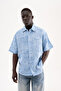 Men's Effect Embroidered Muslin Cotton Oversize Shirt Blue - 2