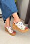 Women's Lady White Denim 10 cm Padded Written Cork Sole Slipper K-401 - 6