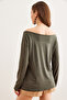 Women's Khaki Boat Neck Wool Viscose Flowy Blouse Blz- 19002738 - 6