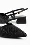 Women's Black Sequined Stoned Satin Short Classic Heeled Shoes - 3