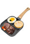 3-Section Non-Stick Divided Frying Pan, Grey Granite Finish, Wooden Handle, 35x18cm, for Breakfast Cooking
