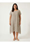 Women's Summer Linen Dress Patchwork Striped Short Sleeve Pocket Detailed Khaki