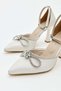 Women's Stone Detailed Bowknot Pointed Toe Thin Heeled Evening Dress Shoes White Satin - 4