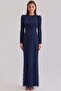 Exclusive Hijab Evening Dress with Pearl and Sequin Embellishments Dark Blue 1039 - 4