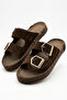 Elyra Women's Gold Buckle Suede Double Belt Strap Straw Weave Heel Detailed Summer Casual Comfortable Slippers 2 cm - 2