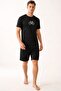 Black Short Sleeve Knitted Embroidered Men's Shorts Pajama Set - 3