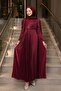 Burgundy Draped Front and Tailored Satin Evening Dress - 2