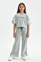 Girl's 2-Piece Cotton Set: Printed Short-Sleeve Basic T-Shirt & Elastic Waist Slit-Slit Wide-Leg Sweatpants