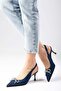 Alexis Navy Blue Denim Fabric Open Back Stone Bow Women's Heeled Shoes - 5