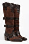 Bitter Brown Matte Leather Buckle Strap Trok Staple Detail Western Cowboy Boots